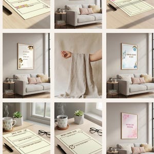 Könnte beinhalten: Eine Sammlung gerahmter Kunstdrucke und ausdruckbarer Arbeitsblätter, darunter ein Wochenplaner und Motivationszitate. Die Bilder zeigen eine neutrale Farbpalette mit sanften Rosa- und Beigetönen und sind in einem modernen Wohnzimmerstil gehalten.