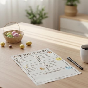 K&ouml;nnte beinhalten: Auf einem Holztisch liegen eine Oster-Checkliste mit deutschem Text, ein Stift und eine Kaffeetasse. Ein kleiner Korb enth&auml;lt bunte Ostereier, und mehrere Schokoladeneier sind verstreut. Ein Smiley-Aufkleber befindet sich auf der Checkliste.
