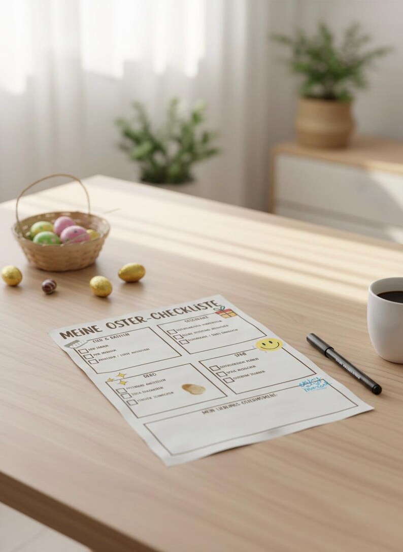 K&ouml;nnte beinhalten: Auf einem Holztisch liegen eine Oster-Checkliste mit deutschem Text, ein Stift und eine Kaffeetasse. Ein kleiner Korb enth&auml;lt bunte Ostereier, und mehrere Schokoladeneier sind verstreut. Ein Smiley-Aufkleber befindet sich auf der Checkliste.