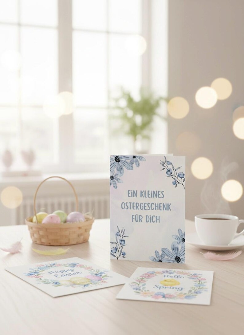 K&ouml;nnte beinhalten: Ein Stillleben mit Ostergru&szlig;karten und Dekorationen. Eine Karte mit dem Text "Ein kleines Ostergeschenk f&uuml;r Dich" wird zusammen mit einem Korb mit pastellfarbenen Eiern und einer Tasse Kaffee gezeigt.