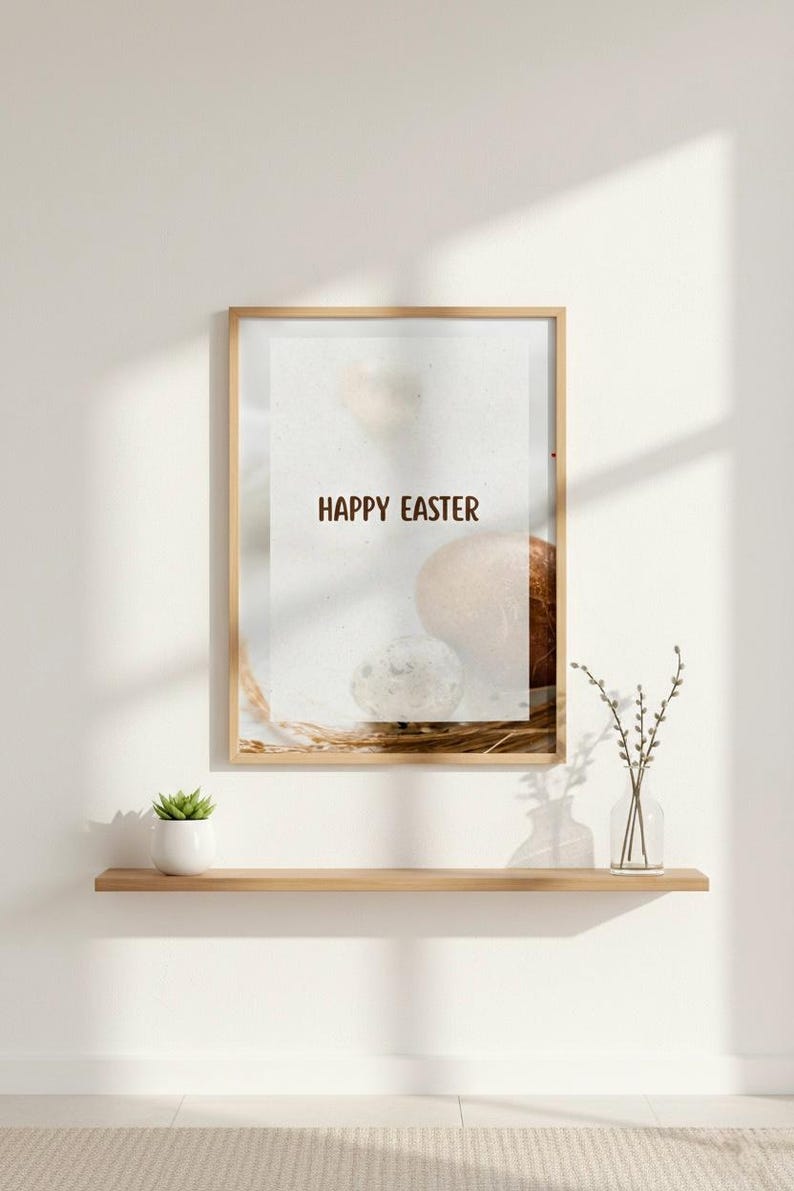 K&ouml;nnte beinhalten: Ein gerahmter Druck mit dem Text "HAPPY EASTER" in braunen Buchstaben. Der Druck zeigt eine neutrale Farbpalette mit Osterei-Bildern. Eine kleine Topfpflanze und eine Vase mit Zweigen befinden sich auf einem Holzregal darunter.
