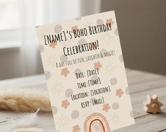 Boho Kids Birthday Invitation Editable Bohemian Party Invite Digital Download