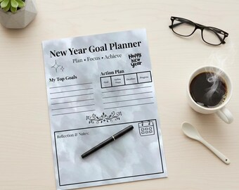 50% off SALE | New Year Goal Planner - One Page Editable Canva Printable - 2026 Goal TRACKER