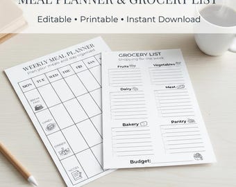 Meal Planner & Grocery List, Weekly Meal Planner, Editable Canva Template, Printable Organizer, Instant Download