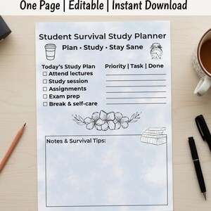 Student Survival Study Planner One Page Printable Canva PDF