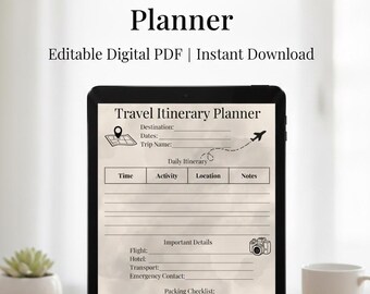 Travel Itinerary Planner Editable Digital PDF Trip Organizer Printable