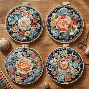 May include: Four round embroidery hoops with floral designs. Each hoop features a dark blue background with a variety of colorful flowers, including pink, orange, and blue blooms. The hoops are arranged on a wooden surface.