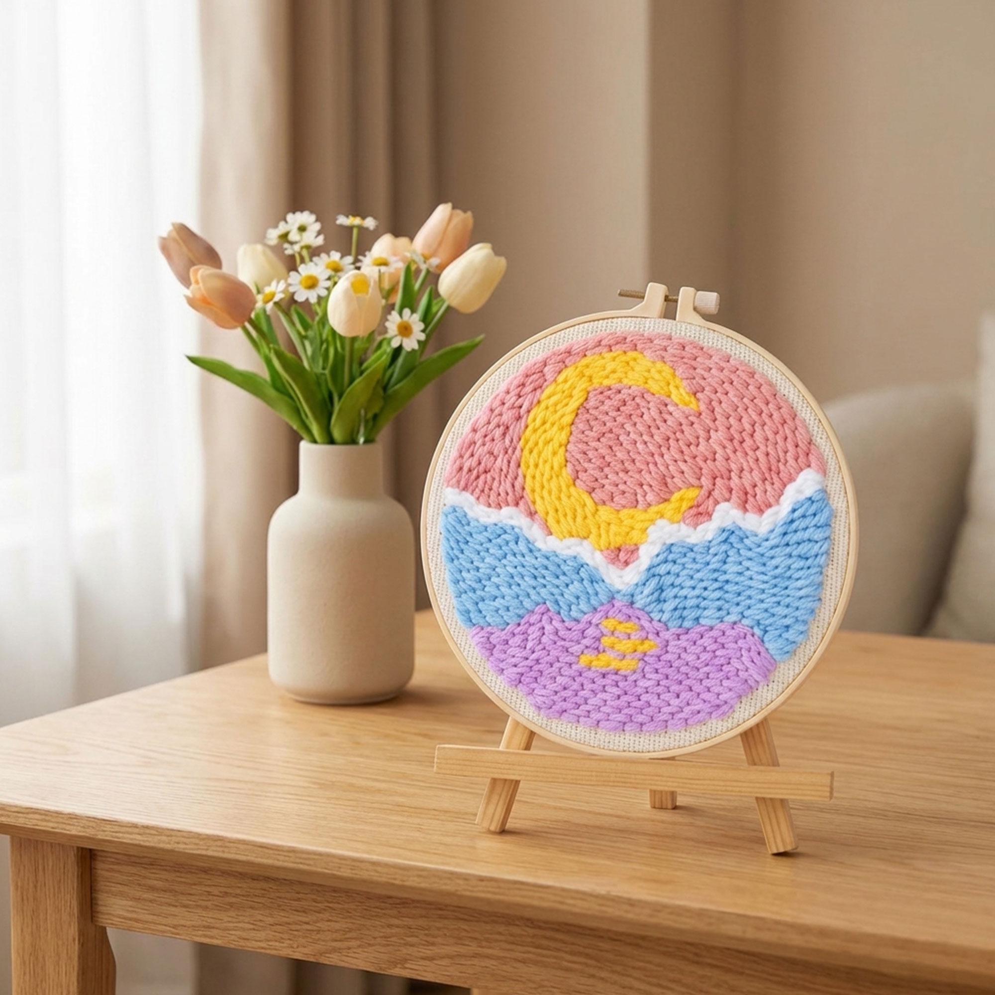 Moon Mountain Landscape Punch Needle Kit, Beginner Boho Yarn Art Hoop ...