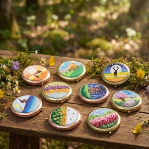 May include: A selection of round, embroidered compact mirrors, each with a unique landscape design. The compacts feature scenes of mountains, trees, and flowers, with gold and copper-toned metal rims. They are arranged on a wooden surface, surrounded by greenery.