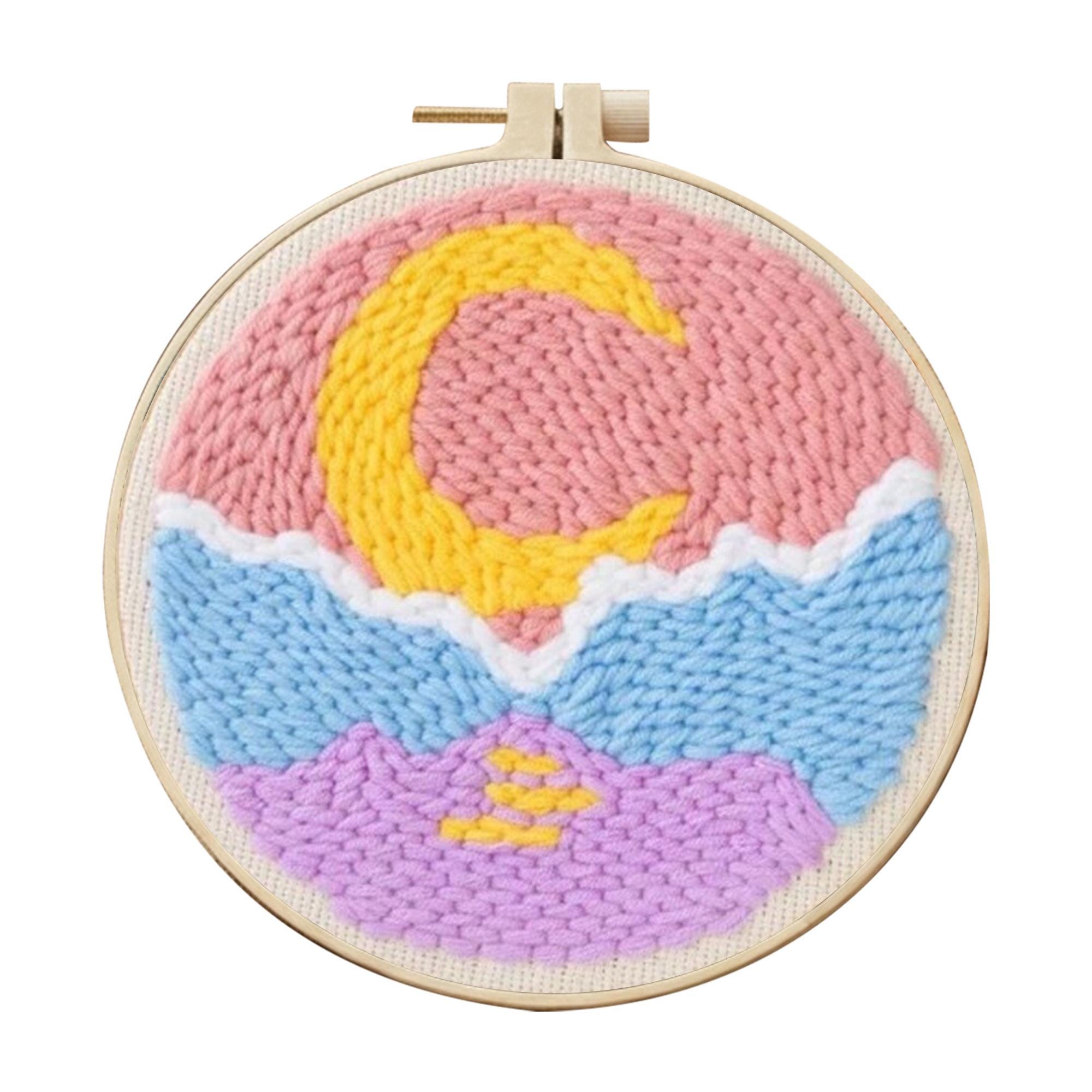 Moon Mountain Landscape Punch Needle Kit, Beginner Boho Yarn Art Hoop ...