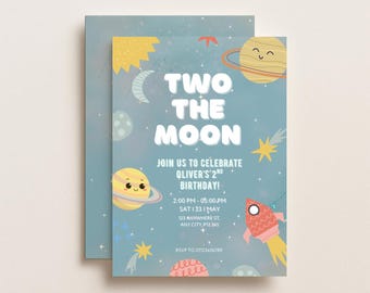 Two The Moon Birthday Invitation Template, Space Rocket 2nd Birthday Invite, Editable 5x7 Boy Birthday Party, Instant Download