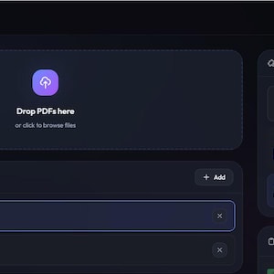 Può includere: Interfaccia Madobe viola scuro con un'icona a forma di nuvola e il testo "Rilascia PDF qui". L'interfaccia include opzioni per testo, evidenziazione e selezione del colore. Sono elencati due documenti PDF.