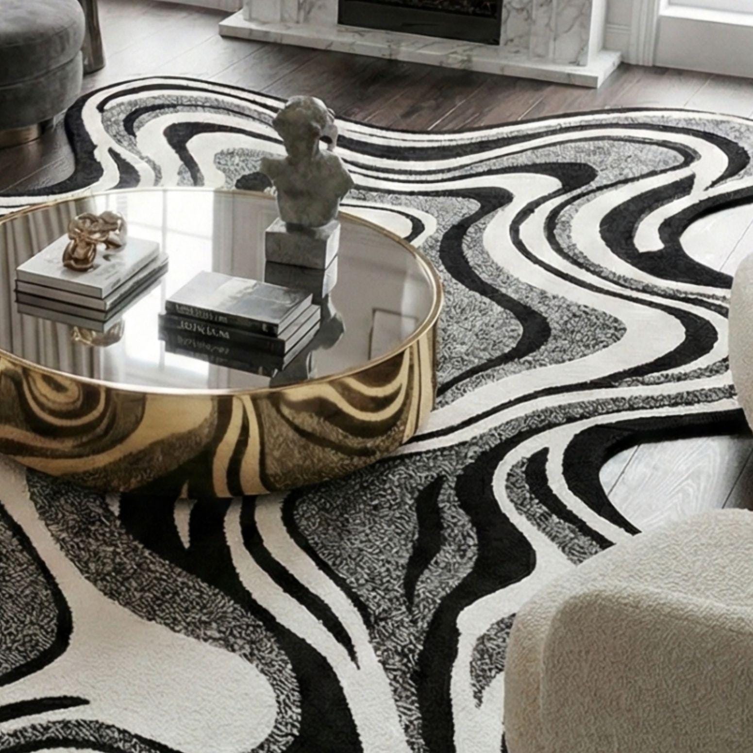 Abstract Flow Hand Tufted Wool Rug – Black & Ivory Modern Organic Shape ...