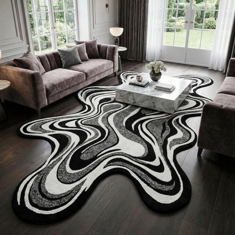 Abstract Flow Hand Tufted Wool Rug – Black & Ivory Modern Organic Shape ...