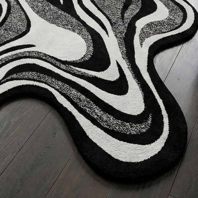 Abstract Flow Hand Tufted Wool Rug – Black & Ivory Modern Organic Shape ...
