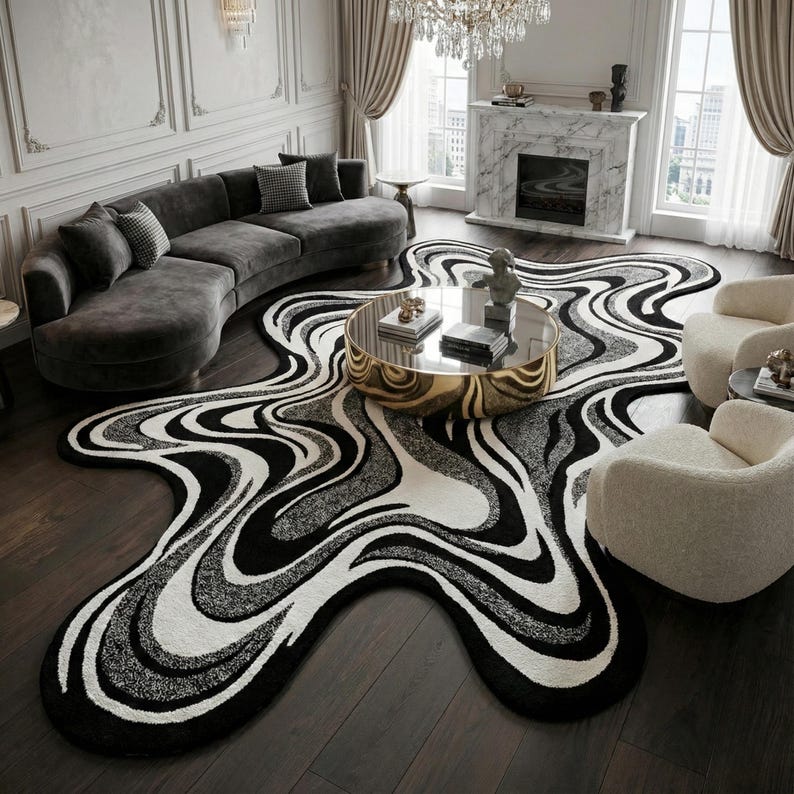 Abstract Flow Hand Tufted Wool Rug – Black & Ivory Modern Organic Shape ...