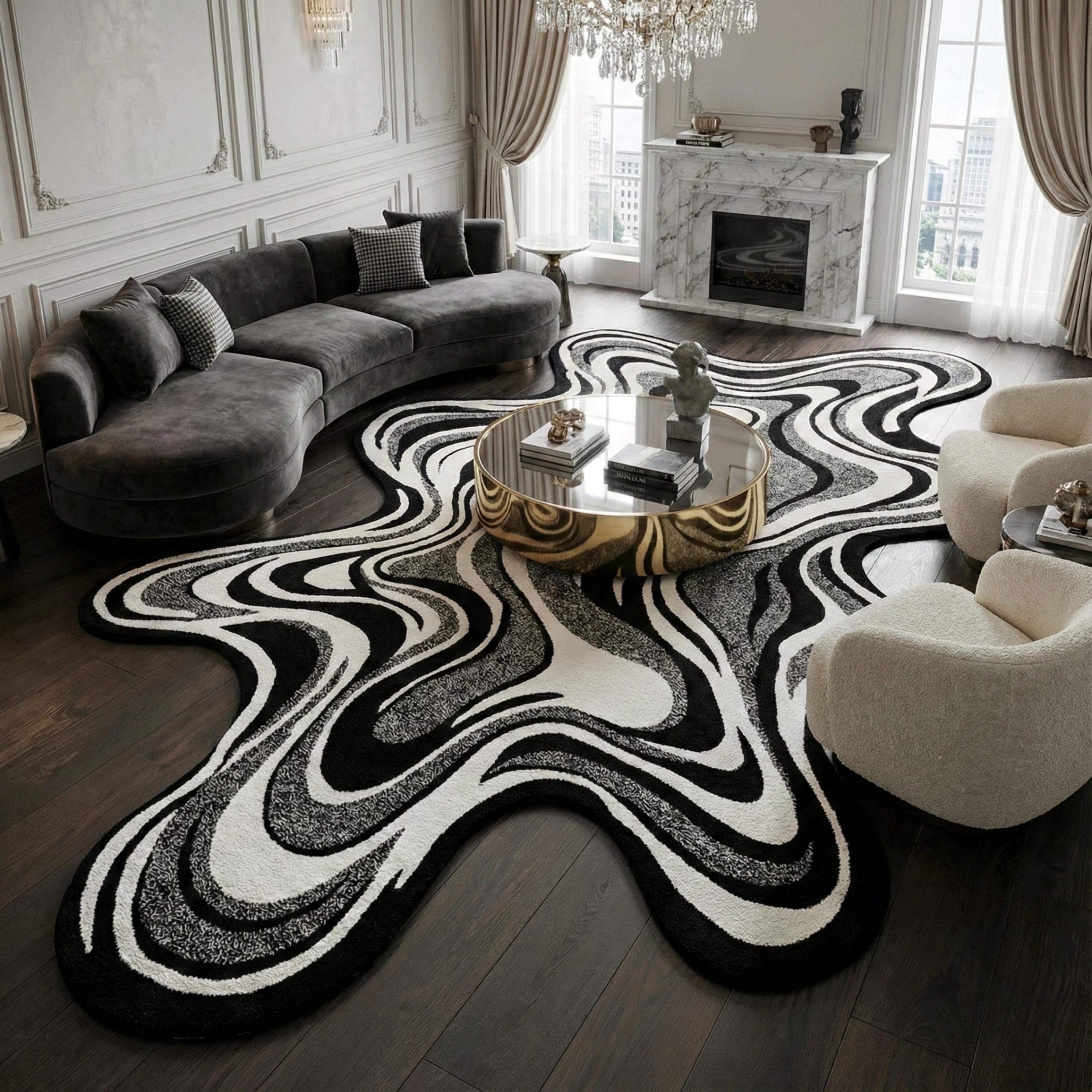 Abstract Flow Hand Tufted Wool Rug – Black & Ivory Modern Organic Shape ...