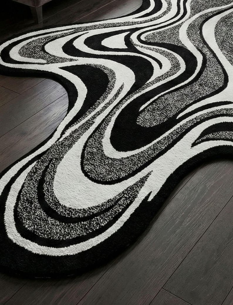 Abstract Flow Hand Tufted Wool Rug – Black & Ivory Modern Organic Shape ...