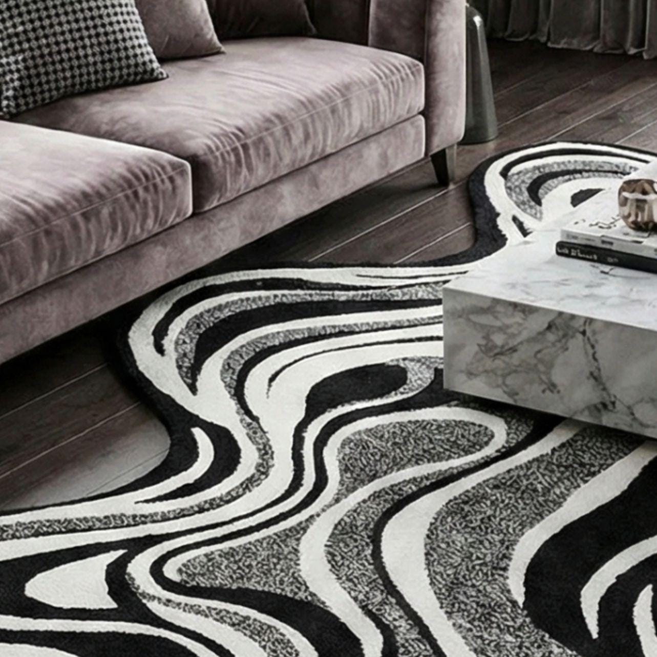 Abstract Flow Hand Tufted Wool Rug – Black & Ivory Modern Organic Shape ...