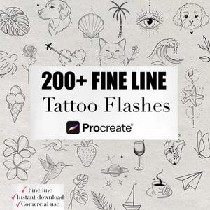 May include: A digital collection of 200+ fine line tattoo flashes for Procreate featuring black ink illustrations of animals, plants, celestial bodies, and objects. The text reads 200+ FINE LINE Tattoo Flashes, Procreate, and Fine line, Instant download, Comercial use.