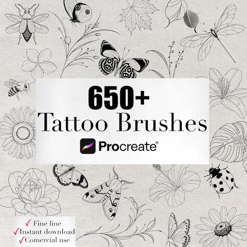 650+ Fine Line Tattoo Brushes for Procreate | Botanical Elements (Digital Download) image 1