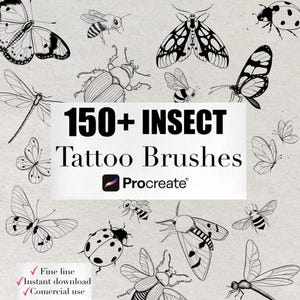 Może przedstawiać: Zestaw sztuki cyfrowej z ilustracjami różnych owadów, w tym motyli, pszczół i chrząszczy. Obraz zawiera tekst "150+ INSECT Tattoo Brushes" i logo Procreate, ze znacznikami wyboru wskazującymi cienką linię, natychmiastowe pobieranie i użytkowanie komercyjne.