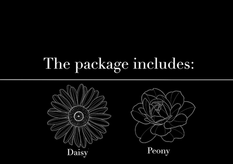 May include: Black background with white text that reads "The package includes:" below which are line drawings of a daisy and a peony. The daisy is on the left and the peony is on the right. The word "Daisy" is below the daisy and the word "Peony" is below the peony.