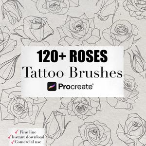 Könnte beinhalten: Digitale Tattoo-Pinsel für Procreate mit über 120 Rosendesigns. Das Bild zeigt Strichzeichnungen von Rosen in verschiedenen Blühstadien, mit dem Text "120+ ROSES Tattoo Brushes" und dem Procreate-Logo.