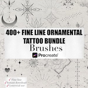 Könnte beinhalten: Ein digitales Tattoo-Pinsel-Bundle mit über 400 feinen, ornamentalen Designs. Das Bild zeigt verschiedene schwarz-weiße Tattoo-Illustrationen, den Text "400+ FINE LINE ORNAMENTAL TATTOO BUNDLE Brushes" und das Procreate-Logo.