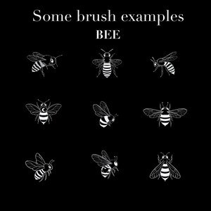 May include: Black background with white illustrations of bees in various poses. The text "Some brush examples" and the word "BEE" are at the top of the image. The bees are shown with striped abdomens and detailed wings.