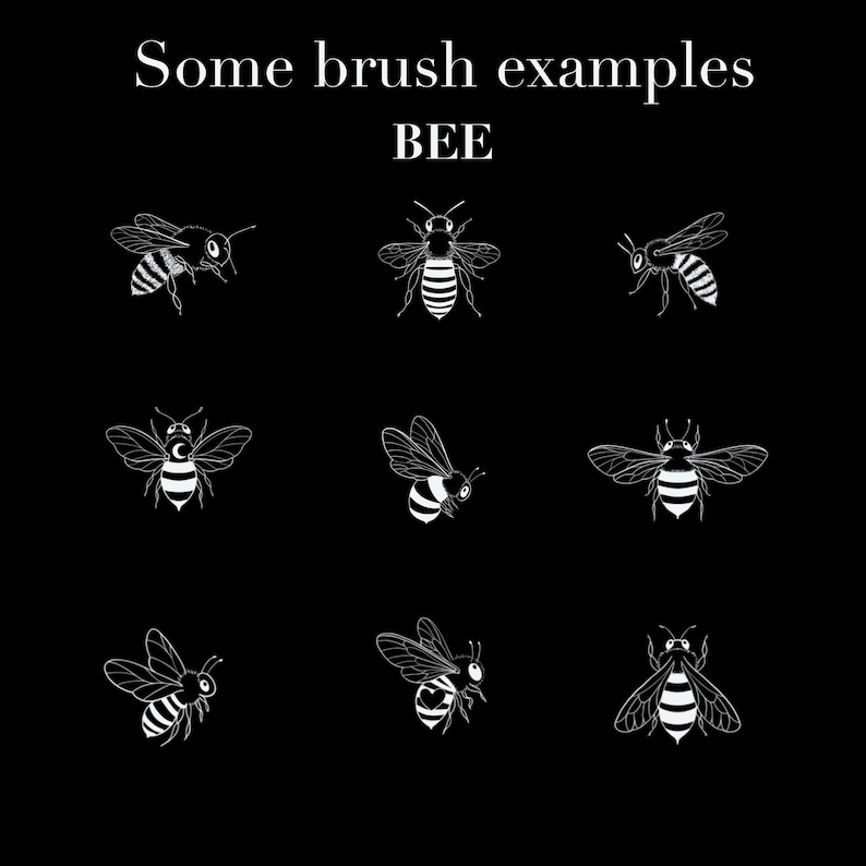 May include: Black background with white illustrations of bees in various poses. The text "Some brush examples" and the word "BEE" are at the top of the image. The bees are shown with striped abdomens and detailed wings.