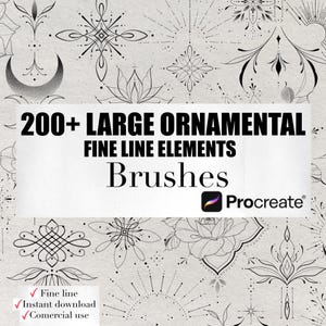 Könnte beinhalten: Ein Bild mit ornamentalen Feinline-Elementen, mit dem Text "200+ LARGE ORNAMENTAL FINE LINE ELEMENTS Brushes" und dem Procreate-Logo. Die Designelemente umfassen florale und geometrische Muster.
