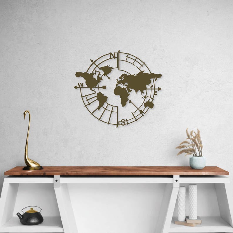 Metal World Map Compass | Travel Lover Wall Art | Adventure Wall Decor ...