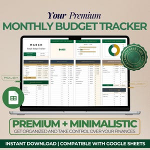 May include: A laptop screen displaying a digital monthly budget tracker. The screen shows various financial categories, charts, and the text "Your Premium MONTHLY BUDGET TRACKER". A green sale badge is visible.