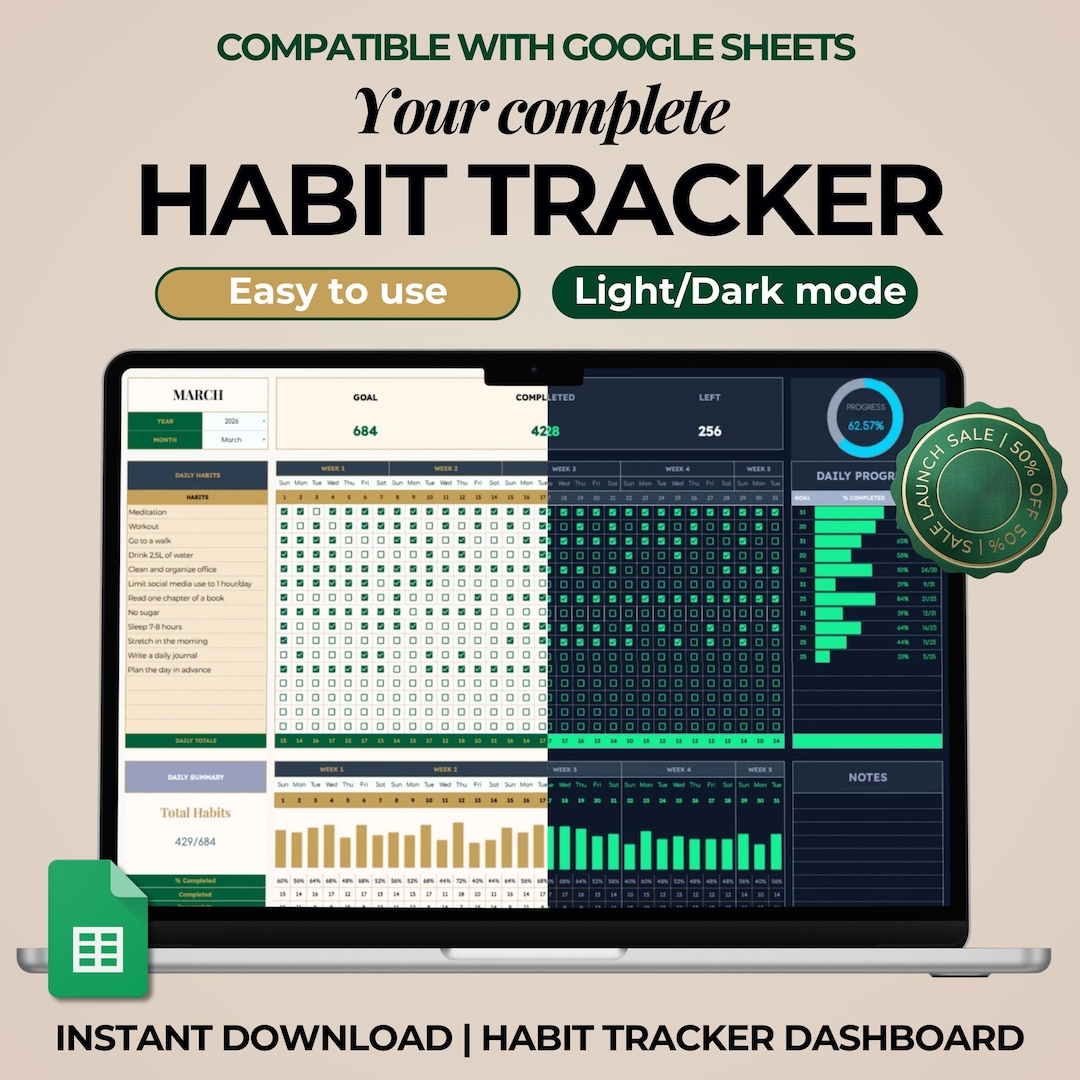 Habit Tracker Spreadsheet Light and Dark Mode Google Sheets Daily ...