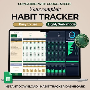 May include: A laptop screen displays a digital habit tracker dashboard. The screen shows a calendar layout with habit tracking sections, progress charts, and the text "HABIT TRACKER." The design includes the text "Easy to use" and "Light/Dark mode."