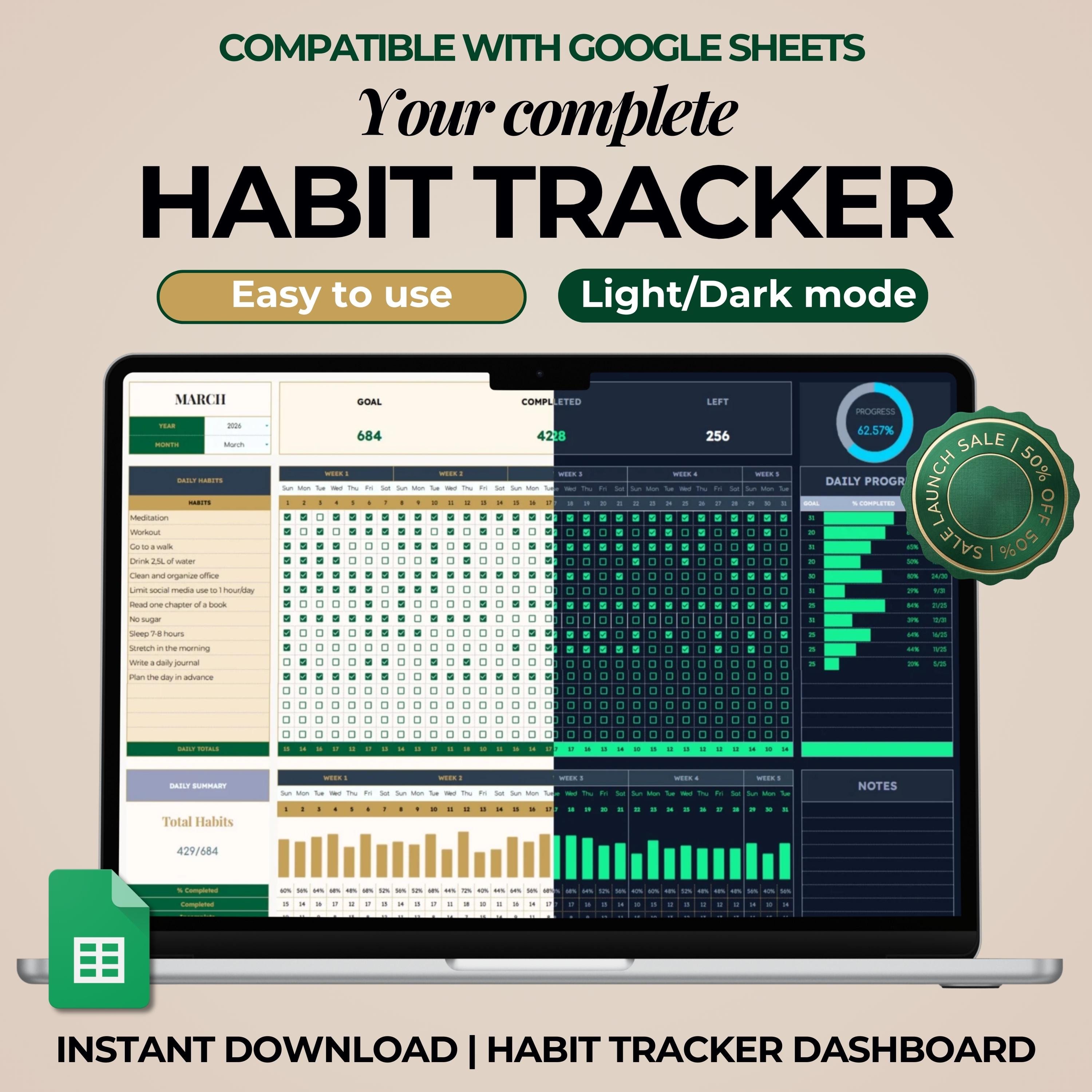Habit Tracker Spreadsheet Light and Dark Mode Google Sheets Daily ...