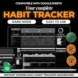 Könnte beinhalten: Digitales Habit-Tracker-Dashboard, das auf einem Laptop, Tablet und Smartphone angezeigt wird. Die Oberfläche ist dunkel mit weißem Text und einem Rasterlayout zur Verfolgung von Gewohnheiten. Der Text "HABIT TRACKER", "DARK MODE" und "EASY TO USE" ist enthalten.