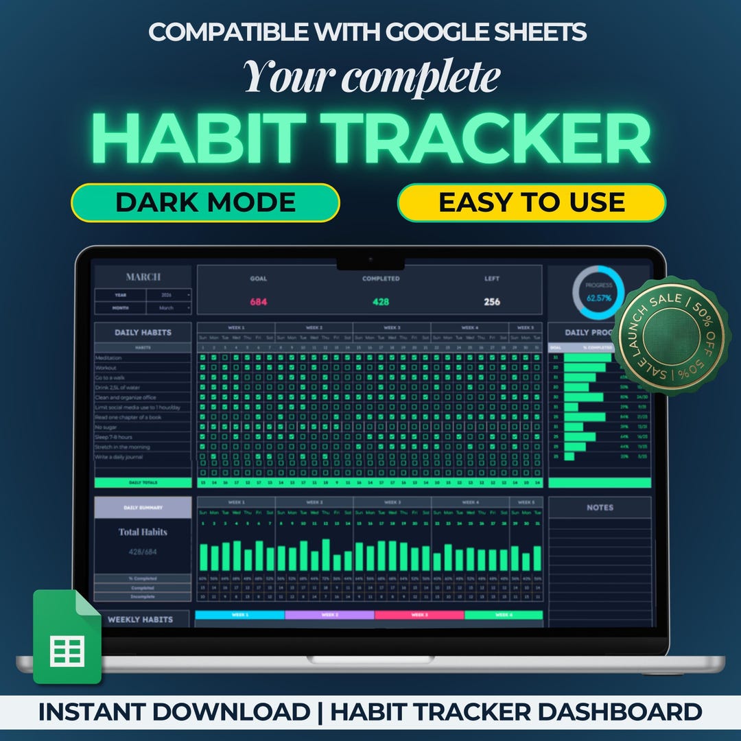 Habit Tracker Spreadsheet Dark Mode Google Sheets Excel Daily Habit ...