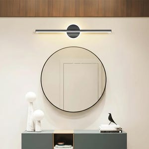 May include: A contemporary interior scene with a black and white wall-mounted light above a circular mirror. Beneath the mirror is a grey cabinet with decorative items, including a black bird figurine and white sculptures. The wall is painted a neutral colour.