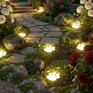 May include: A stone garden path lined with glowing paw-print shaped lights, surrounded by mossy rocks, white rose bushes, and red rose bushes. The path leads toward a lit porch area, with several illuminated paw-print markers embedded in the ground.