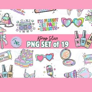 Pode incluir: Uma coleção de gráficos PNG coloridos com tema Kpop. Inclui óculos de sol em forma de coração, um boombox, verniz de unhas, um microfone e texto que diz "I'm fluent in fan chants". O conjunto inclui 19 arquivos PNG.