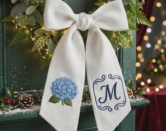 Embroidered Hydrangea Wreath Sash Bow, Personalized Spring Toile Door Decor, Custom Initial Home Gift