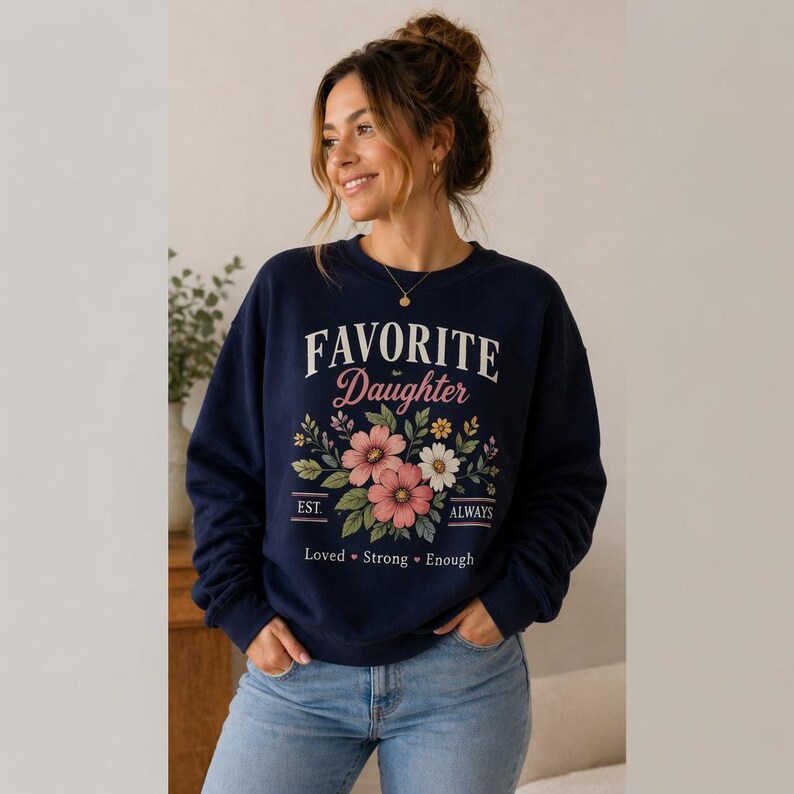 May include: Navy blue sweatshirt with the text "FAVORITE Daughter" in white script. Below the text is a floral design with pink and white flowers. The sweatshirt also has the words "EST. ALWAYS" and "Loved &bull; Strong &bull; Enough".