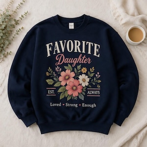 May include: Navy blue sweatshirt with the text "FAVORITE Daughter" in white and pink, with a floral design. The design includes pink, white, and yellow flowers with green leaves. The text "EST. ALWAYS" and "Loved Strong Enough" are also included.
