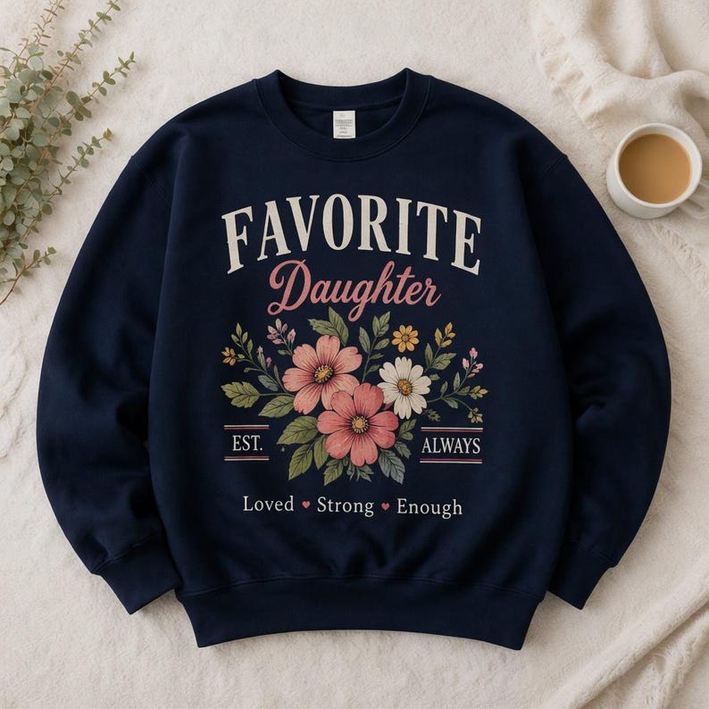 May include: Navy blue sweatshirt with the text "FAVORITE Daughter" in white and pink, with a floral design. The design includes pink, white, and yellow flowers with green leaves. The text "EST. ALWAYS" and "Loved Strong Enough" are also included.