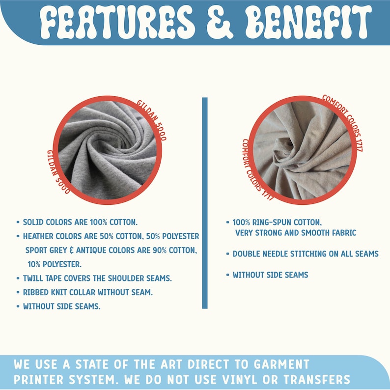 May include: An informational graphic with the text "FEATURES & BENEFIT" in blue. It compares Gildan 5000 and Comfort Colors 1717 fabrics, highlighting features like 100% cotton, double-needle stitching, and ring-spun cotton.