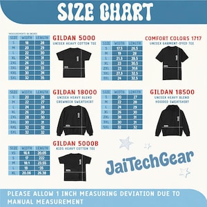 May include: Size chart for various Gildan and Comfort Colors t-shirts, sweatshirts, and hoodies. Includes measurements in inches for unisex and kids' sizes. The chart displays width and length for each size, from XS to 5XL.
