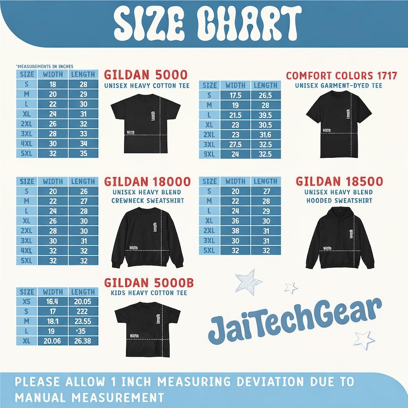 May include: Size chart for various Gildan and Comfort Colors t-shirts, sweatshirts, and hoodies. Includes measurements in inches for unisex and kids' sizes. The chart displays width and length for each size, from XS to 5XL.