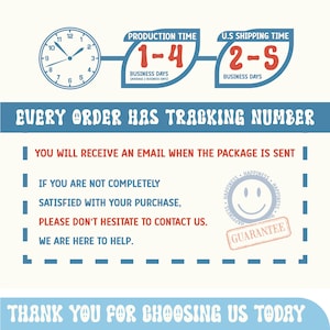 May include: An image with a clock, text, and graphics. The text includes "Production Time 1-4 Business Days", "U.S. Shipping Time 2-5 Business Days", and "Every order has tracking number". There is a guarantee stamp and a smiley face.